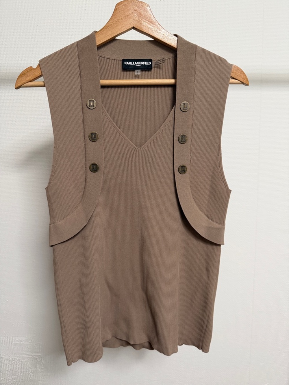 Karl Lagerfeld Taupe Ribbed V-Neck Tank with Button-Trim Panels